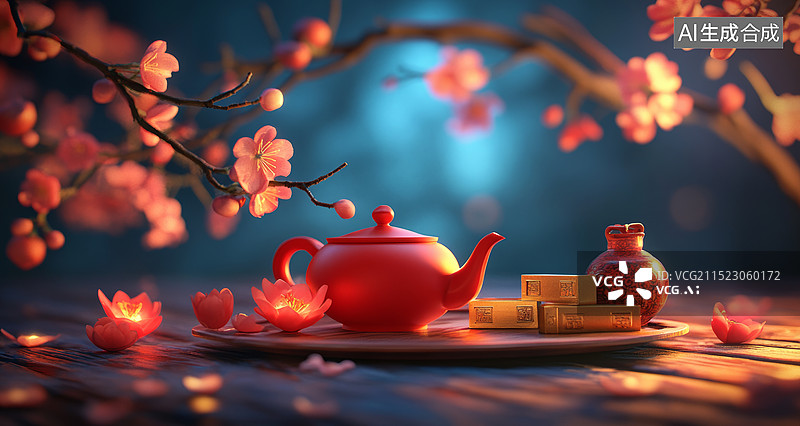 【AI数字艺术】传统的中国茶具，包括红色的茶壶和杯子，上面有金色的龙的图案，还有一盘金元宝，背景是樱花和古建筑图片素材
