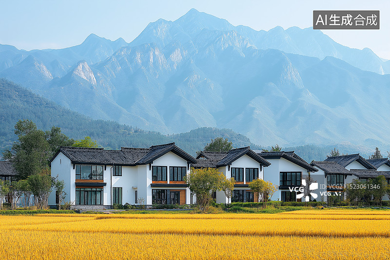 【AI数字艺术】秋天美丽乡村金色稻田图片素材