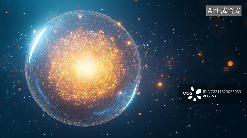 【AI数字艺术】金色发光细胞核科球体技背景图图片素材