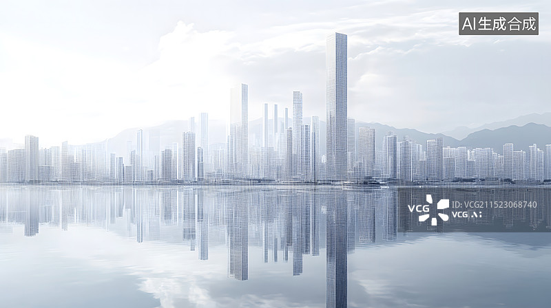 【AI数字艺术】极简水墨风，云中的城市天际线与倒影图片素材