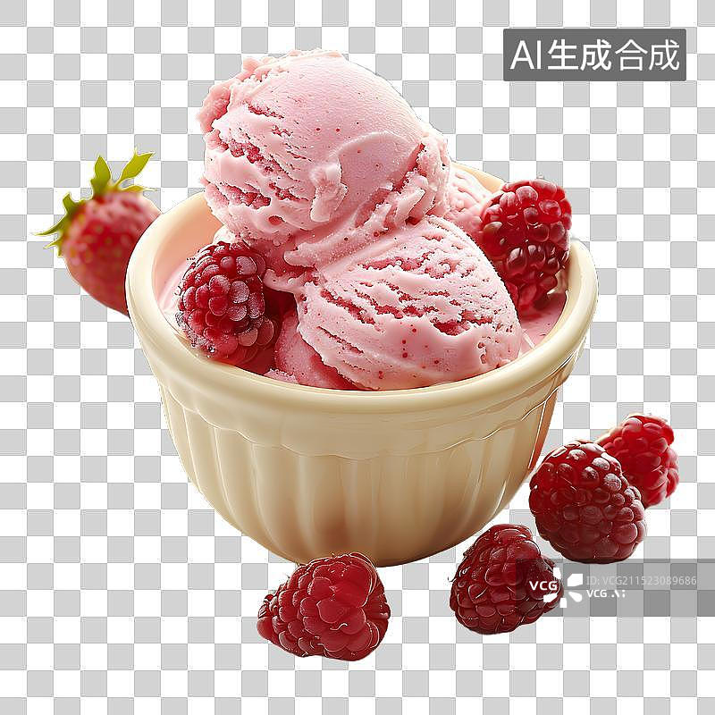 【AI数字艺术】免抠|草莓冰淇淋配新鲜覆盆子图片素材