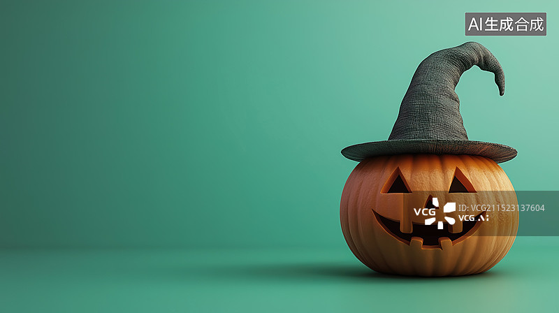 【AI数字艺术】万圣节戴着巫婆帽子的南瓜图片素材