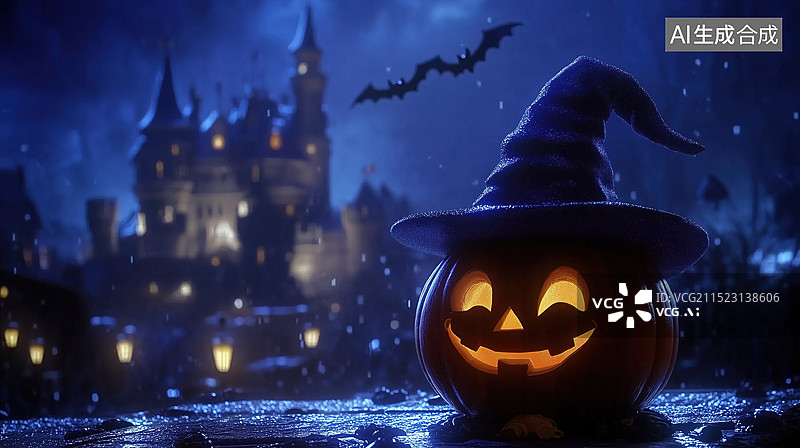 【AI数字艺术】万圣节夜晚南瓜女巫和城堡图片素材