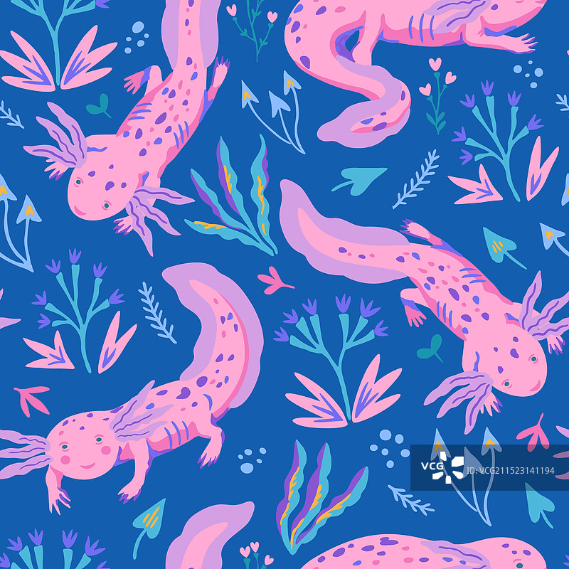 手绘涂鸦墨西哥钝口螈无缝图案图片素材