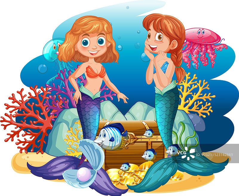两位美人鱼在水下探索宝藏箱图片素材