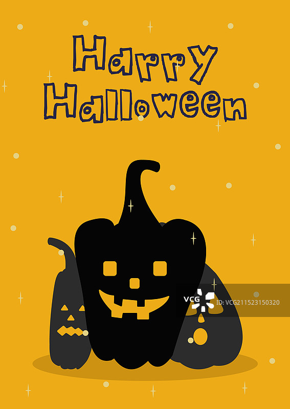 橙色背景上的三个黑色南瓜万圣节贺卡图片素材