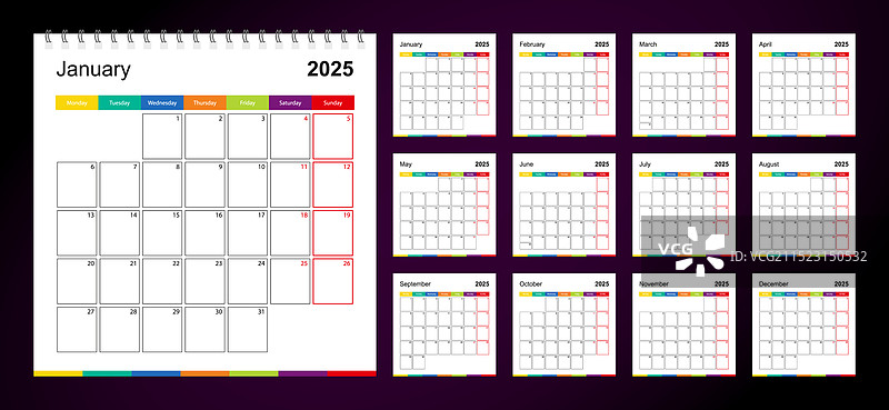 2025年彩色挂历深色背景图片素材