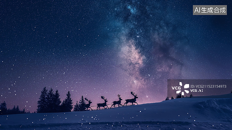【AI数字艺术】圣诞节主题海报——平安夜，驯鹿在夜空下奔跑图片素材