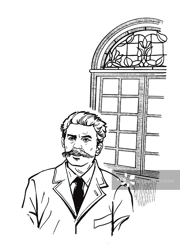 黑白插图插画 线描 人物 名人 海外 法国 作家莫泊桑 故事 年轻人 借钱 启迪图片素材