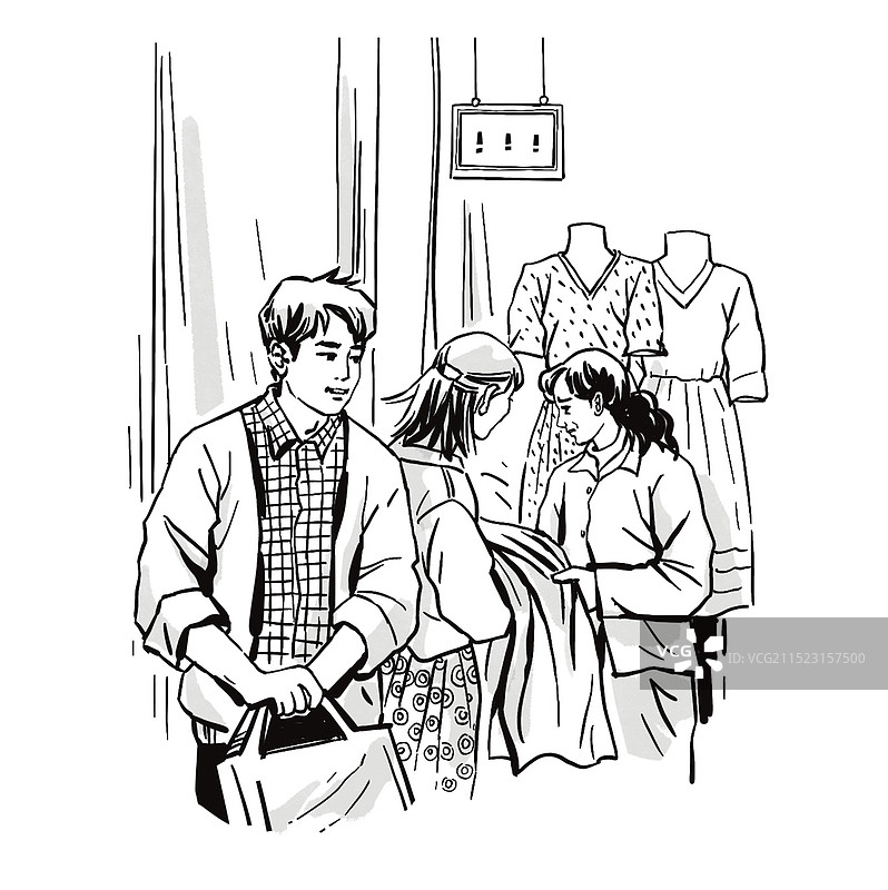 黑白插图插画 线描 商场购物 带家人老人老妈买衣服 一家人 幸福 礼物 报答 孝顺 百姓生活 消费图片素材