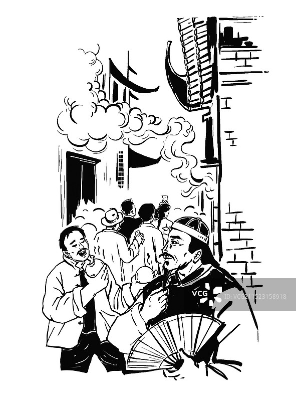 黑白插图插画 民国地主 老板 富商 老爷 做生意 开馒头包子铺 店铺 挣钱 银子 街巷 市区 百姓图片素材