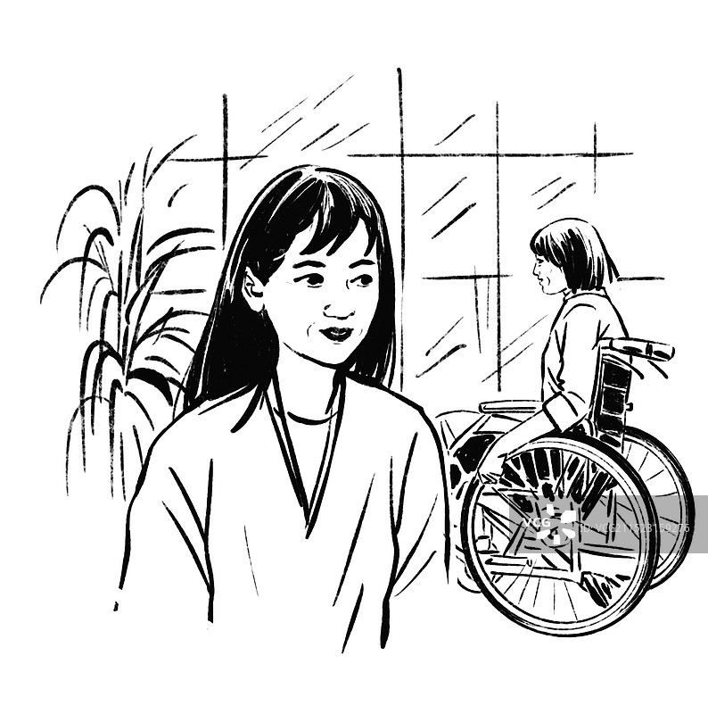 黑白插图插画 坐轮椅 家人 护理 家庭 一家人 关爱 受伤 女人 两个 服务 医院 医疗 残疾人 照图片素材