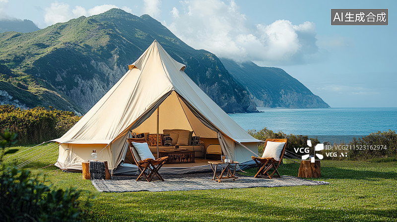 【AI数字艺术】森林公园草坪上的露营帐篷，露营生活方式概念图片素材