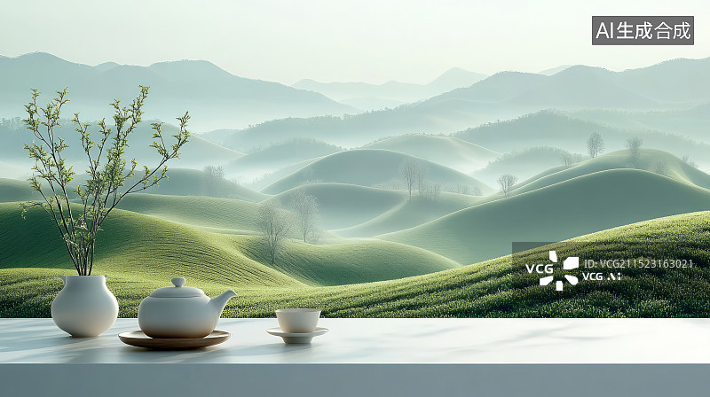 【AI数字艺术】中式茶具和茶园背景，茶道概念图片素材