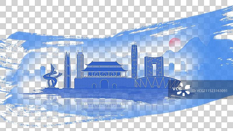 东莞蓝色国风水墨城市毛笔建筑水彩画城市图片素材