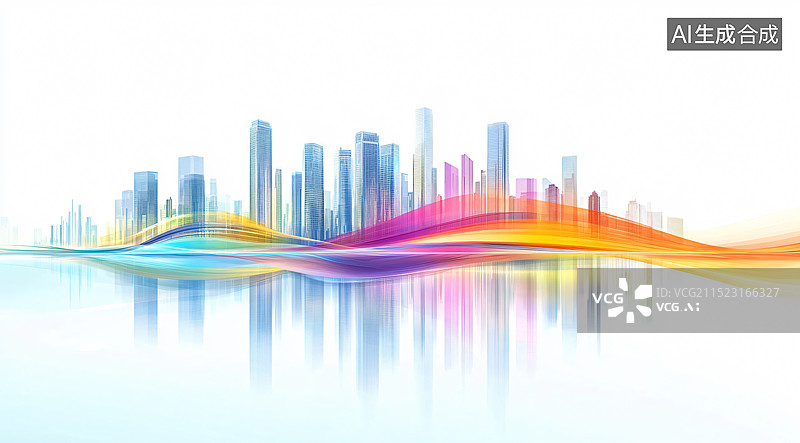 【AI数字艺术】城市楼群彩带飘扬图片素材