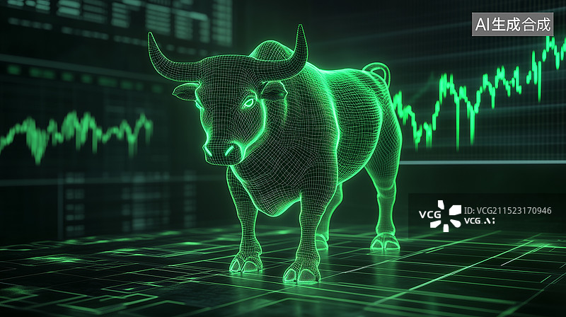 【AI数字艺术】站在股市图表上的发光的绿牛数字艺术作品图片素材