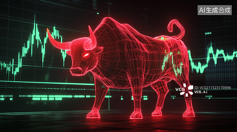 【AI数字艺术】站在股市图表上的发光的红牛数字艺术作品图片素材