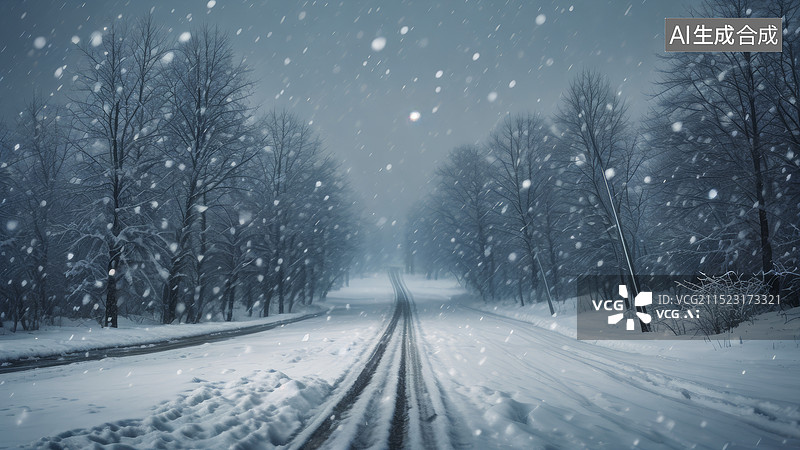 【AI数字艺术】飘着雪花的道路与森林树木图片素材