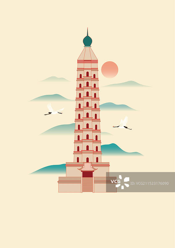 国风地标系列矢量插画—宁夏 银川海宝塔图片素材