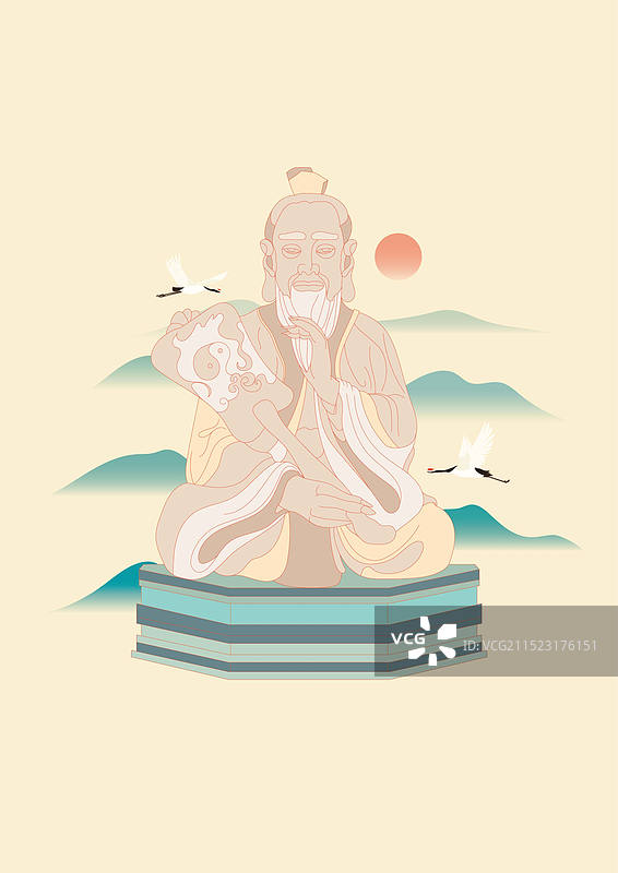 国风地标城市风光矢量插画系列—国潮风 镇江茅山风景名胜区 老子铜像图片素材