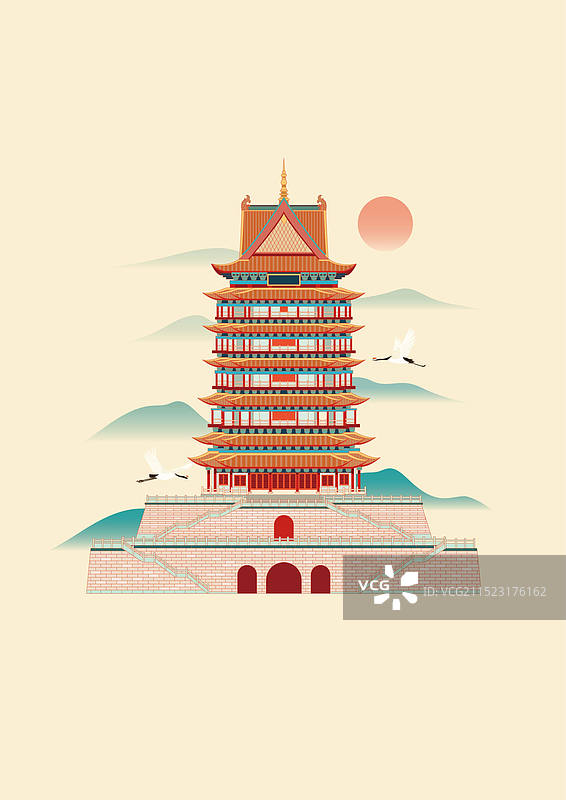 国风地标城市风光矢量插画系列—国潮风 宁夏 吴忠市 中华黄河楼图片素材