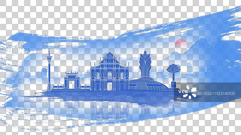 澳门蓝色国风水墨城市毛笔建筑水彩画城市图片素材