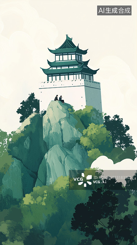【AI数字艺术】山林城堡童话世界，绿色森林公园里的城堡，树顶上的石头小屋插画，绿色小清新艺术风格建筑插画 竖版图片素材