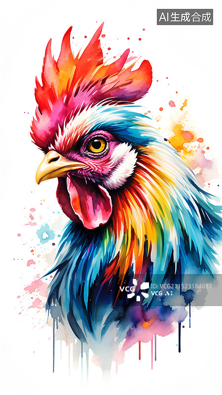 【AI数字艺术】水彩插画 手绘公鸡头部插画图片素材