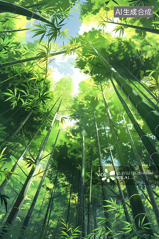 【AI数字艺术】京都佐野的竹林仰视图风景插画，逆光下的竹林，茂密幽静的竹林插画背景 竖版图片素材