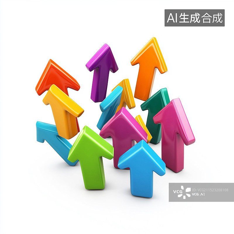 【AI数字艺术】股市金融金价上涨箭头，堆积排列增高的积木和增长的箭头——金融股市股票增长概念，3D彩色立体箭头图标，图片素材