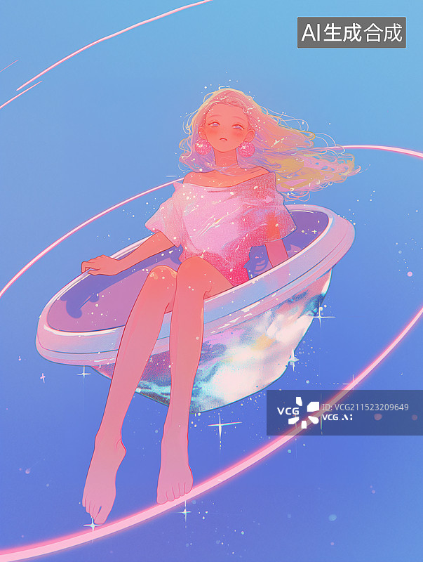 【AI数字艺术】一个美丽的少女坐在圆盘中漂浮在空中图片素材
