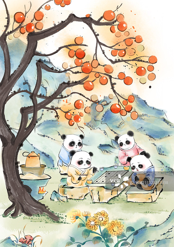 秋季柿子户外喝茶熊猫图片素材