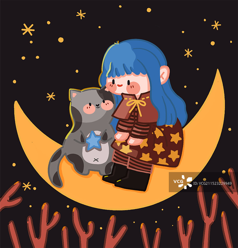 女孩和猫咪坐在月亮上图片素材
