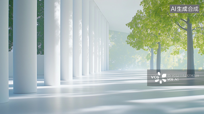 【AI数字艺术】简洁现代建筑艺术空间宁静场景：一排白色的柱子与绿色树木相映成趣，阳光透过树叶洒在地上图片素材