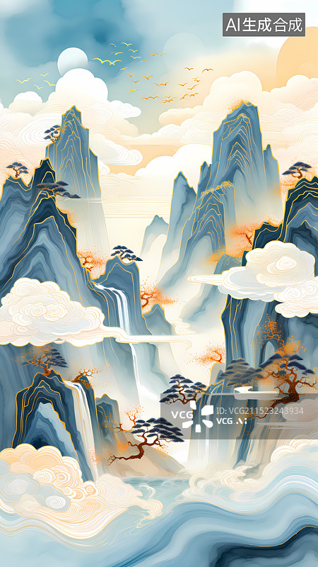 【AI数字艺术】秋天山水插画图片素材