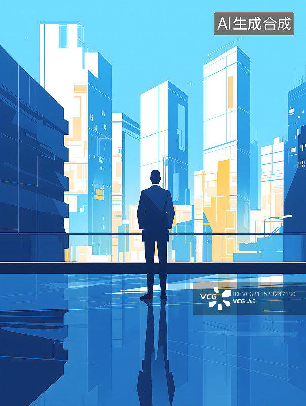 【AI数字艺术】卡通 高楼大厦 城市 西装 男人 金融 成功人士 简约 白领 商务 插画图片素材