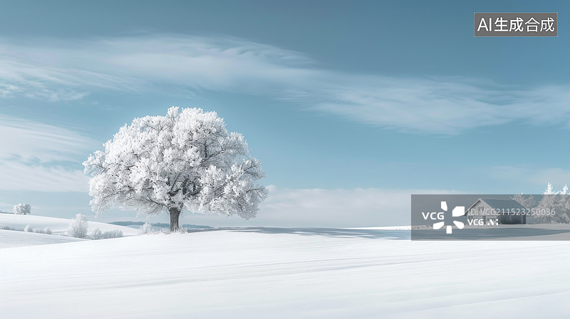 【AI数字艺术】白雪皑皑的雪地里一棵树和小房子图片素材