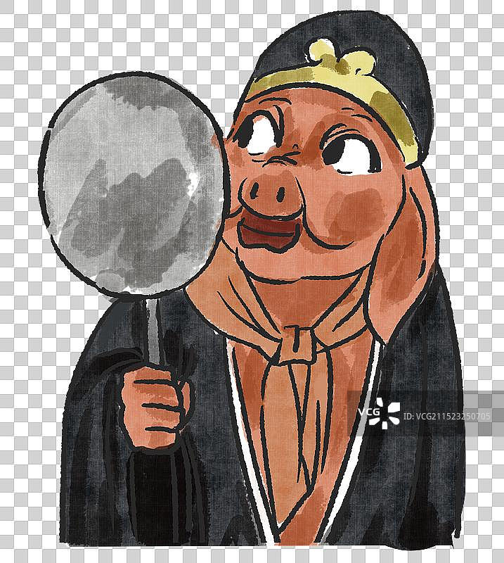 中国风新中式水墨风水墨画西游记猪八戒照镜子歇后语成语国学经典文化人物水彩风手绘插画图片素材