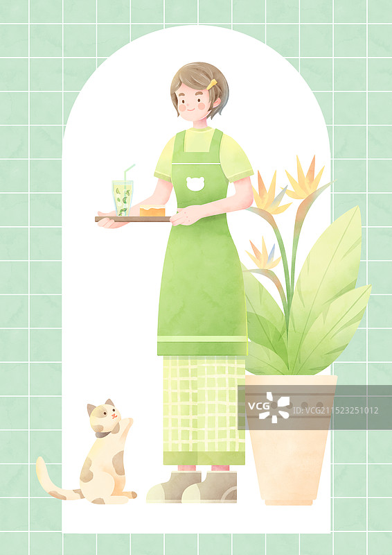 水彩风卡通小女孩猫咪与植物装饰插画图片素材