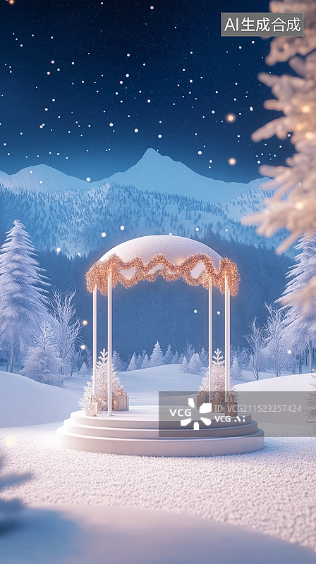 【AI数字艺术】圣诞节主题产品展台——雪地里的圣诞树和礼物图片素材