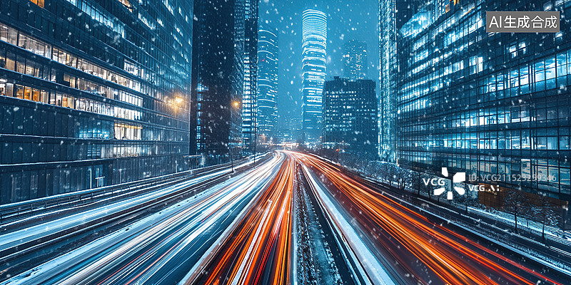 【AI数字艺术】在雪夜中霓虹灯闪烁的道路，周围是高耸的建筑速度与广阔感汽车广告背景图图片素材