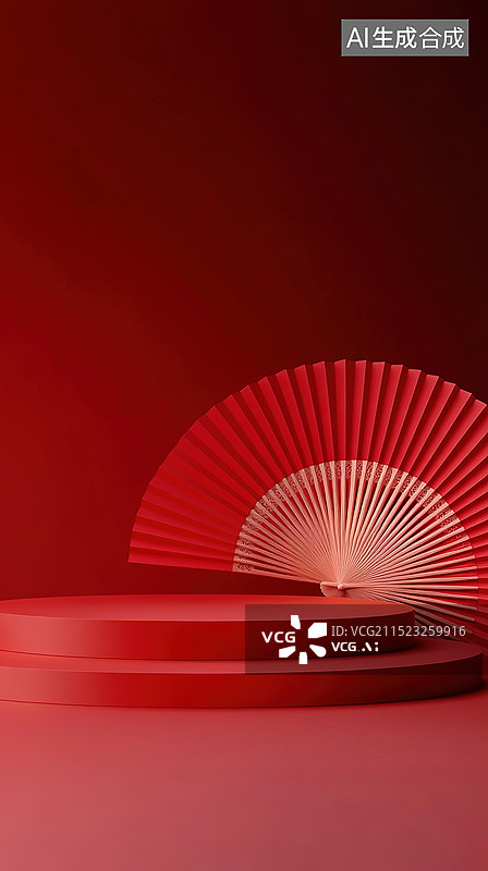 【AI数字艺术】新年中国传统红色讲台展台展示抽象背景折扇装饰舞台图片素材