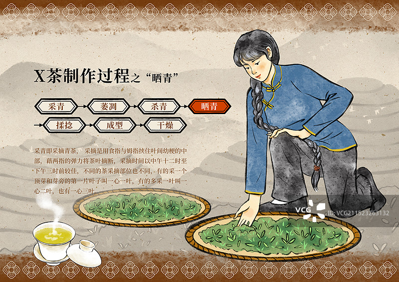 国潮风茶叶绿茶红茶白茶青茶黄茶黑茶普洱茶乌龙茶制作过程科普设计海报模板图片素材
