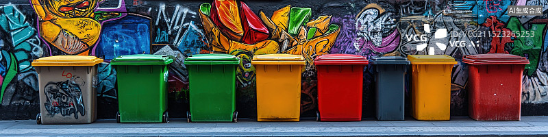 【AI数字艺术】街道上一排各种颜色的垃圾桶分类垃圾回收绿色环保主题图片素材