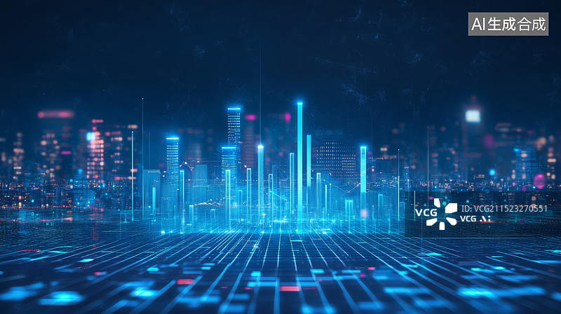 【AI数字艺术】蓝色抽象城市数据线商务科技背景图片素材