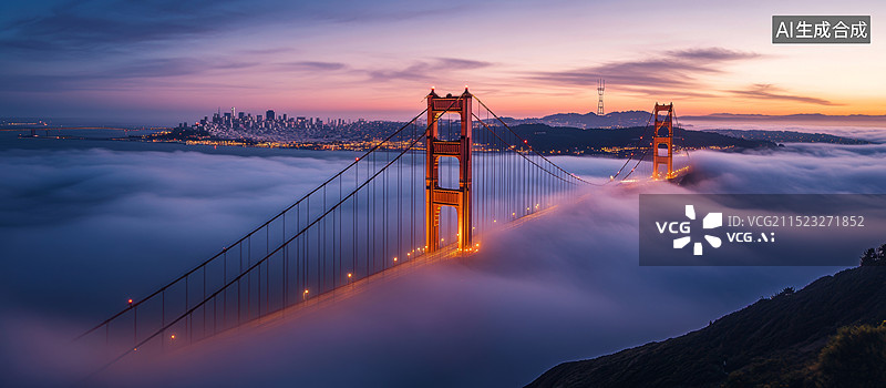 【AI数字艺术】悬索桥横跨在海湾上，两座高大的塔楼矗立在云雾之中图片素材