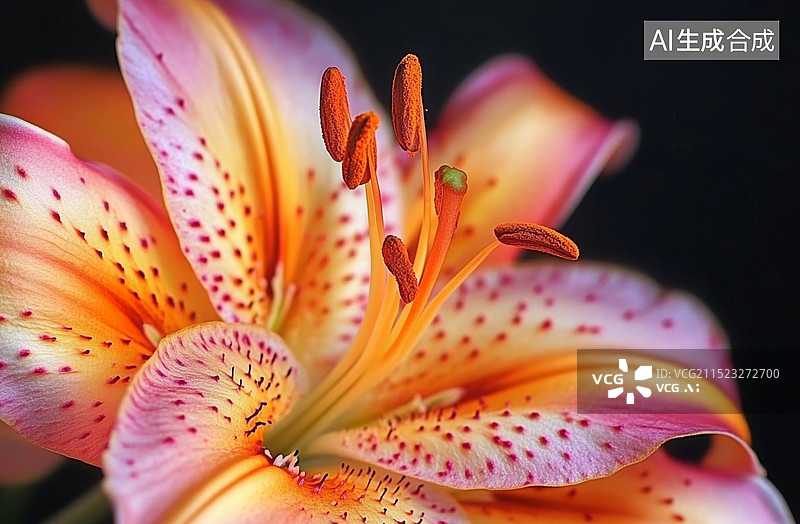 【AI数字艺术】一朵盛开的百合花，花瓣上布满了水滴，给人一种清新而神秘的感觉。花蕊部分呈现出鲜艳的橙黄色，与紫色和粉图片素材