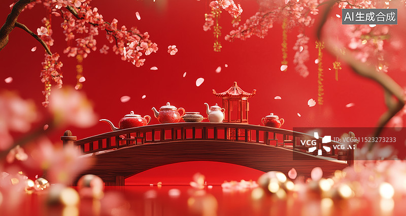 【AI数字艺术】传统的中国茶具，包括红色的茶壶和杯子，上面有金色的龙的图案，还有一盘金元宝，背景是樱花和古建筑图片素材