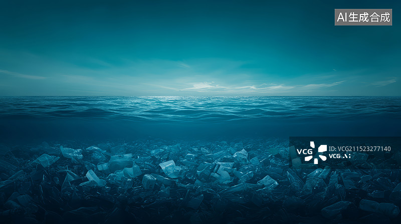 【AI数字艺术】蓝色海洋与塑料垃圾环保主题背景图片素材
